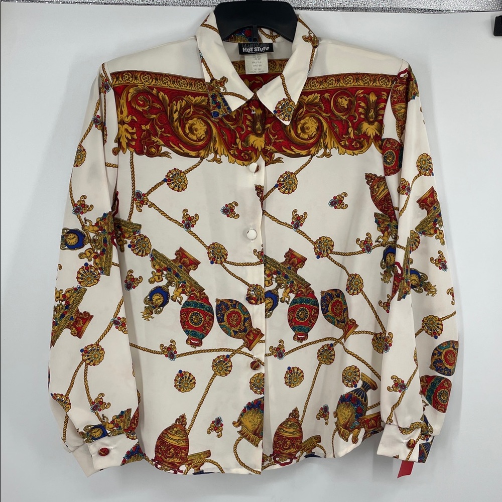 Vintage Hot Stuff Equestrian Baroque Chain Print Blouse Made in USA Size Large